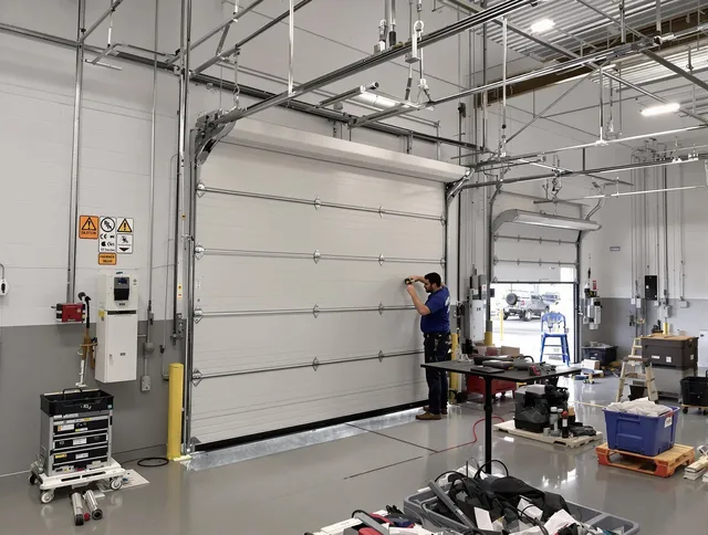 Commercial garage door repair being performed by Indian Trail Garage Door Repair expert in Indian Trail