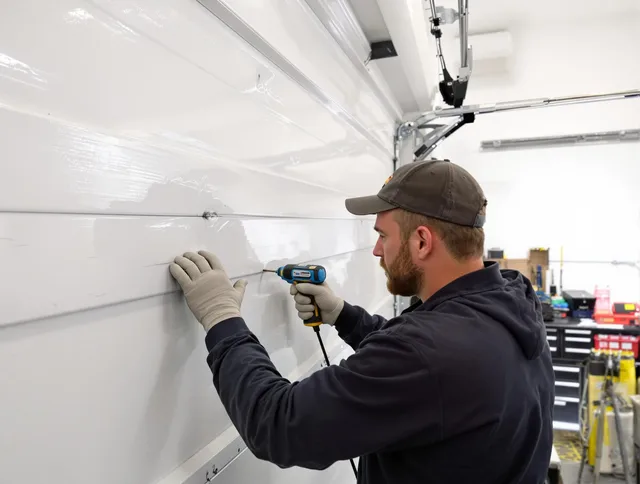 Indian Trail Garage Door Repair technician demonstrating precision dent removal techniques on a Indian Trail garage door