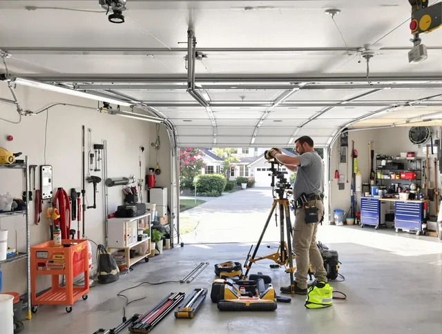 Indian Trail Garage Door Repair specialist performing laser-guided track alignment in Indian Trail
